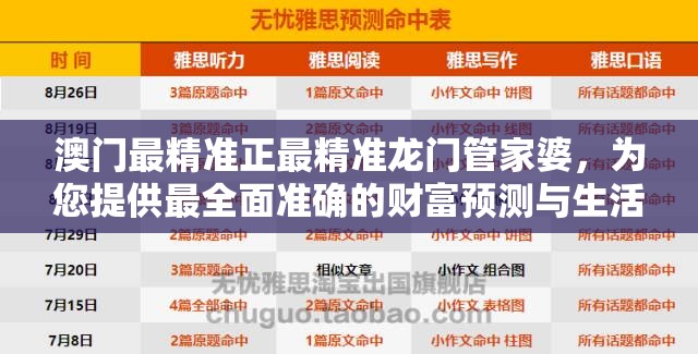 澳门最精准正最精准龙门管家婆，为您提供最全面准确的财富预测与生活指引服务